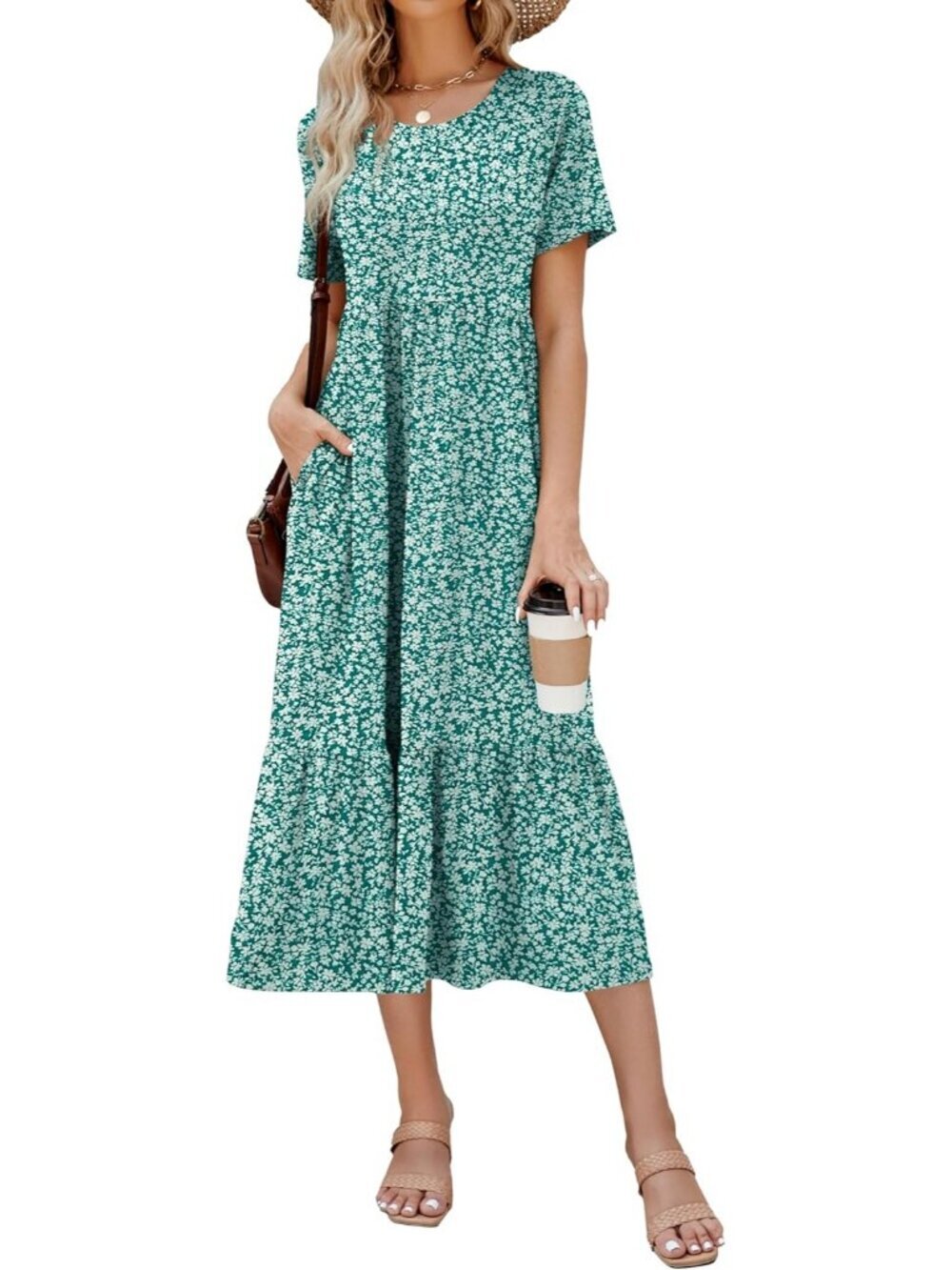 Women's Print Zink Sundress Short Sleeve Tiered Beach with Pockets Maxi Dress